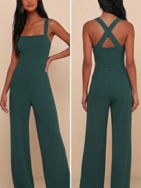 Square-Neck Wide-Leg Cross-Back Jumpsuit in Deep Green